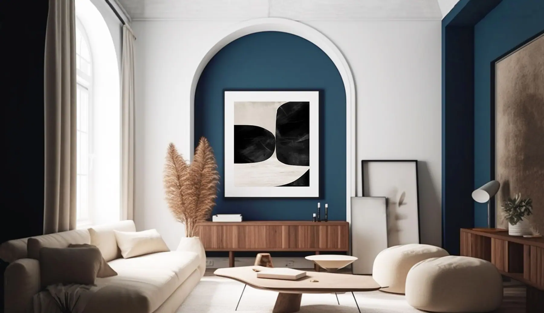 A calm living room with a deep blue arch, a low sofa and a large print