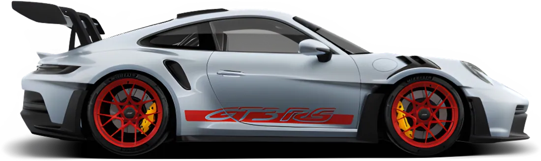 A silver sports car with red wheels and a rear wing