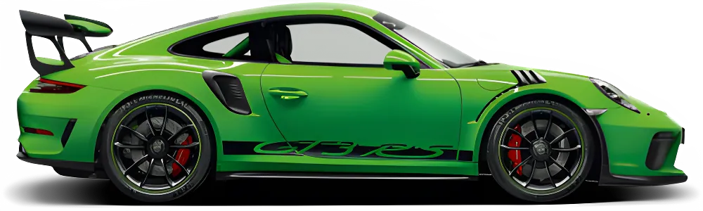 A green sports car with black wheels and a rear wing