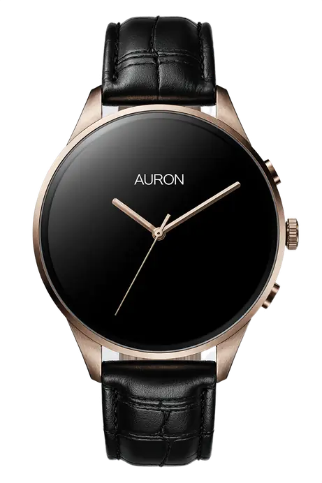 A rose-gold watch with a black dial on a leather strap