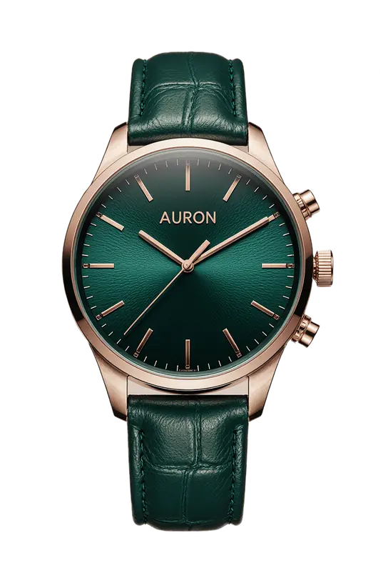 A rose-gold watch with a green dial on a green strap