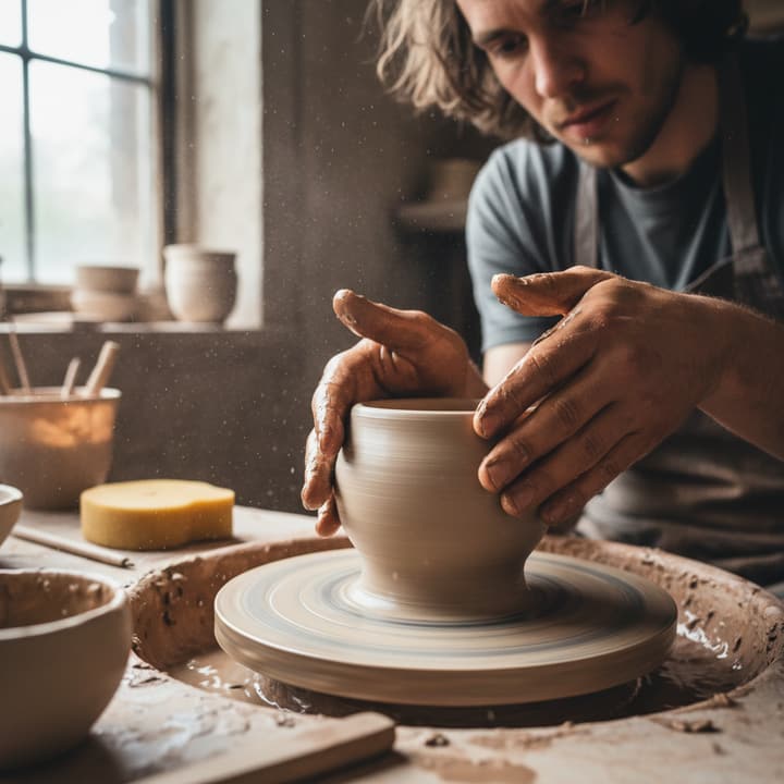 Hands shaping clay on the wheel