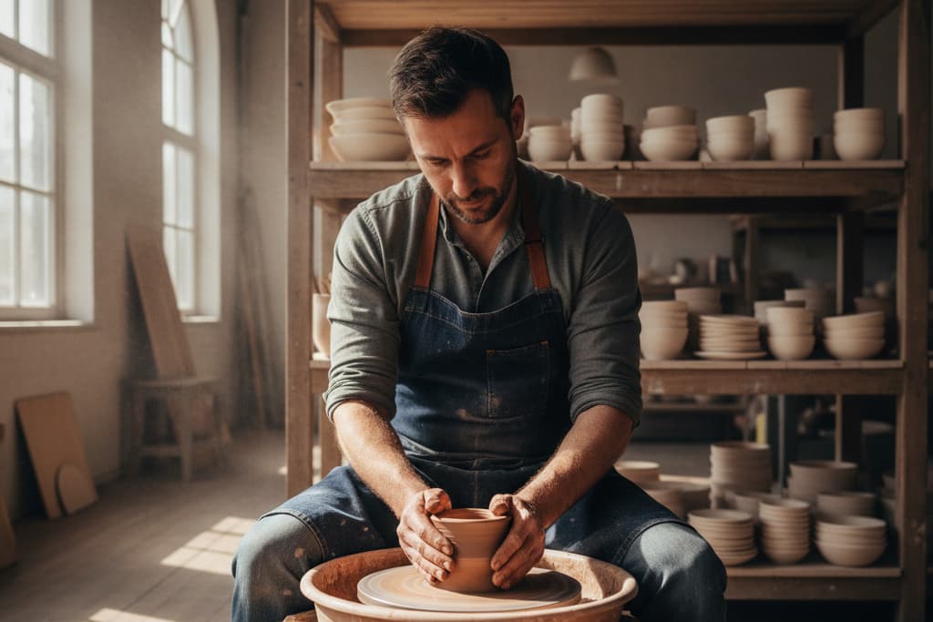 The potter throwing a bowl on the wheel