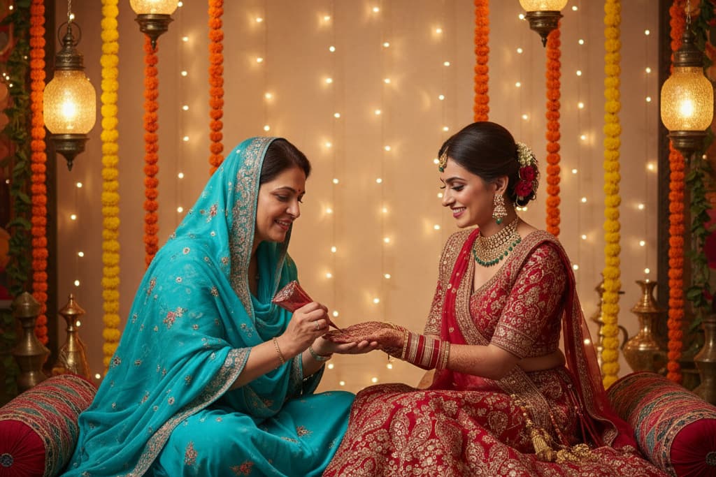 The artist applying henna to a bride's palm