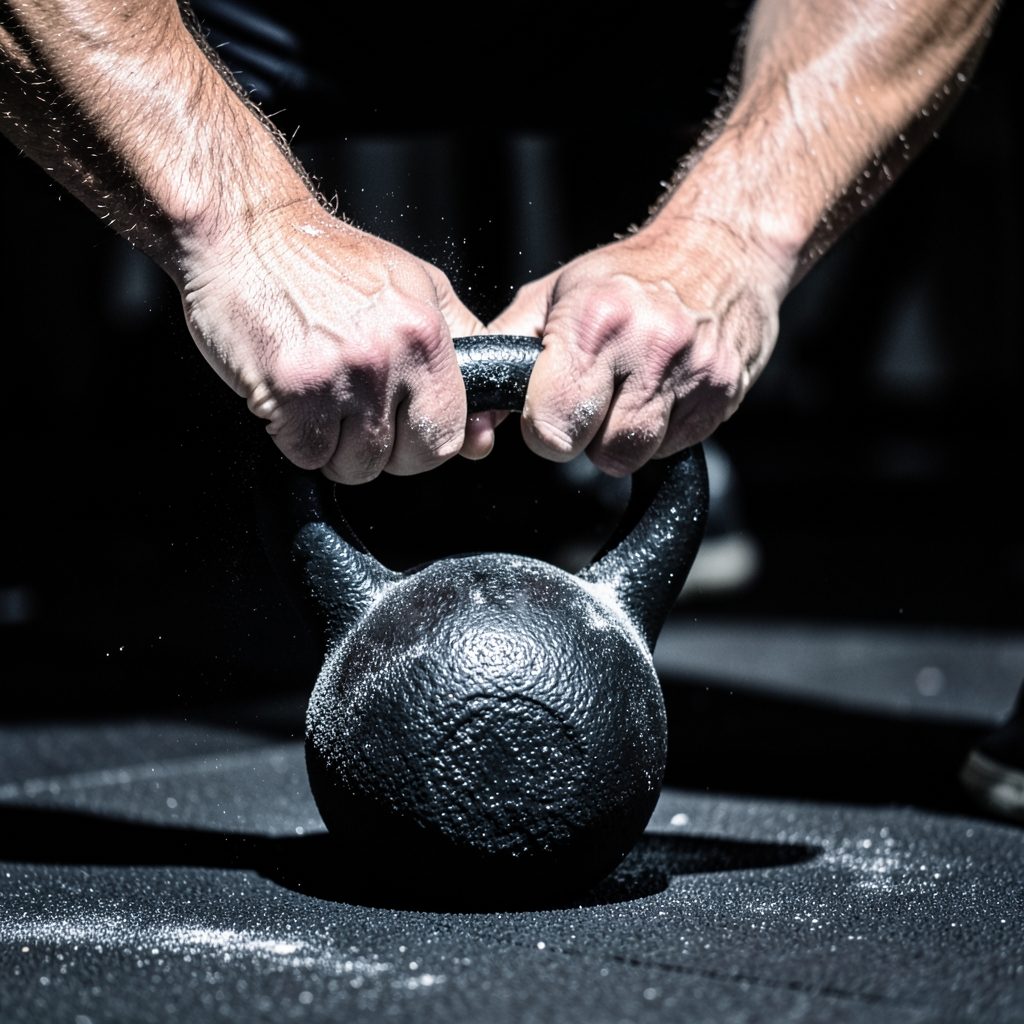 Chalked hands on a kettlebell handle