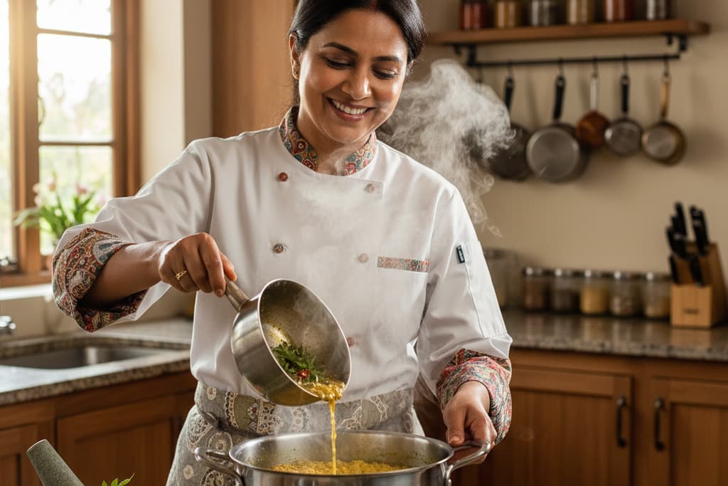 The chef pouring a tadka into dal