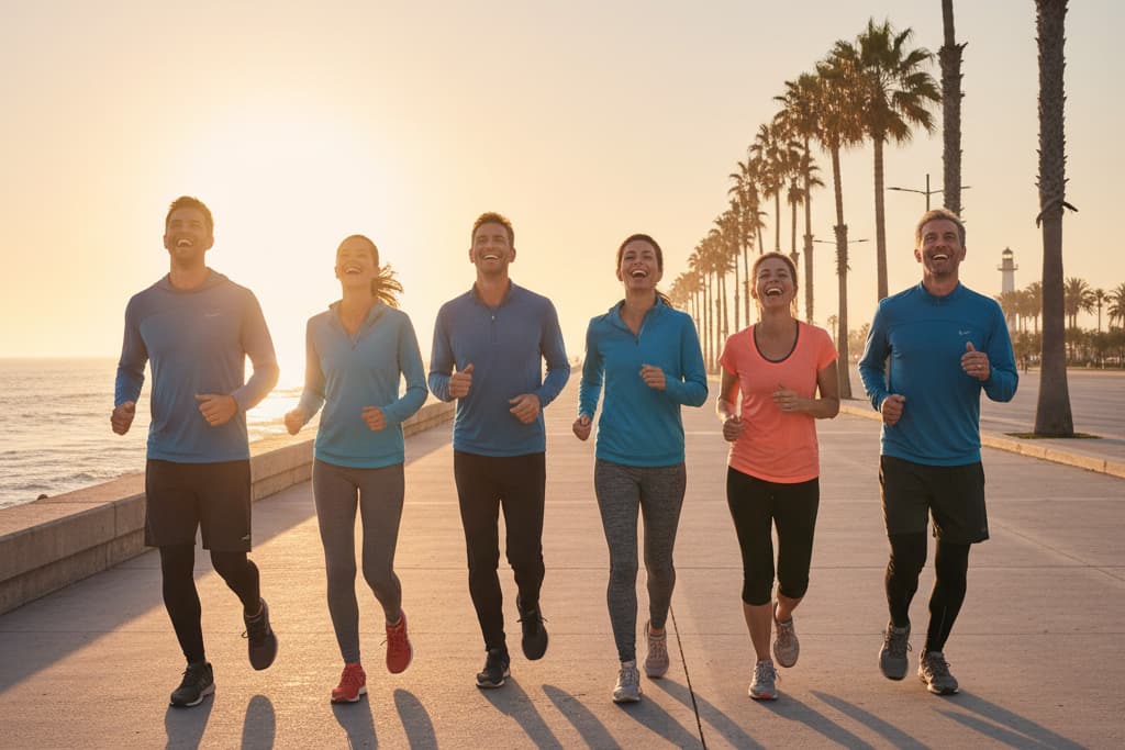 Runners on a seafront at sunrise