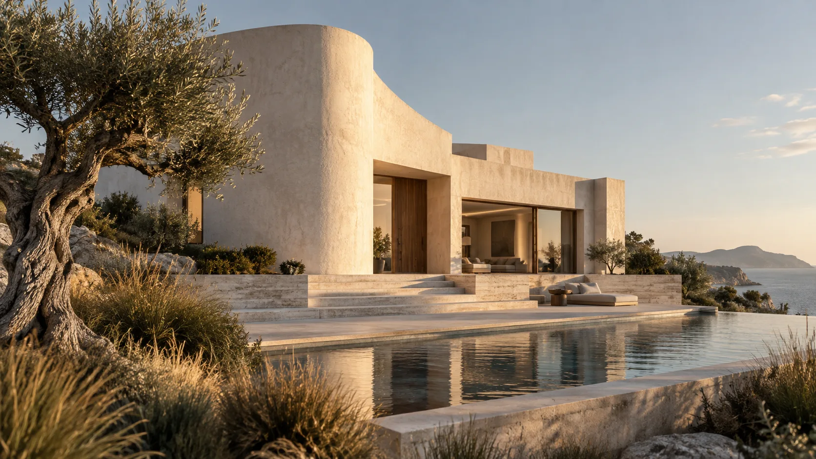 Coastal home concept with curved lime plaster walls and an olive tree
