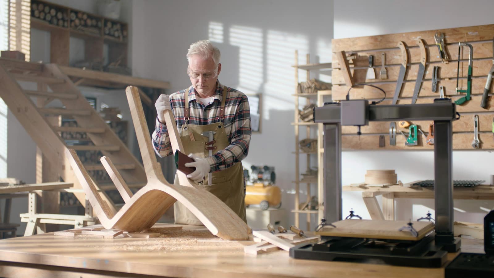 A furniture maker sanding a wooden chair frame at his bench in a bright workshop